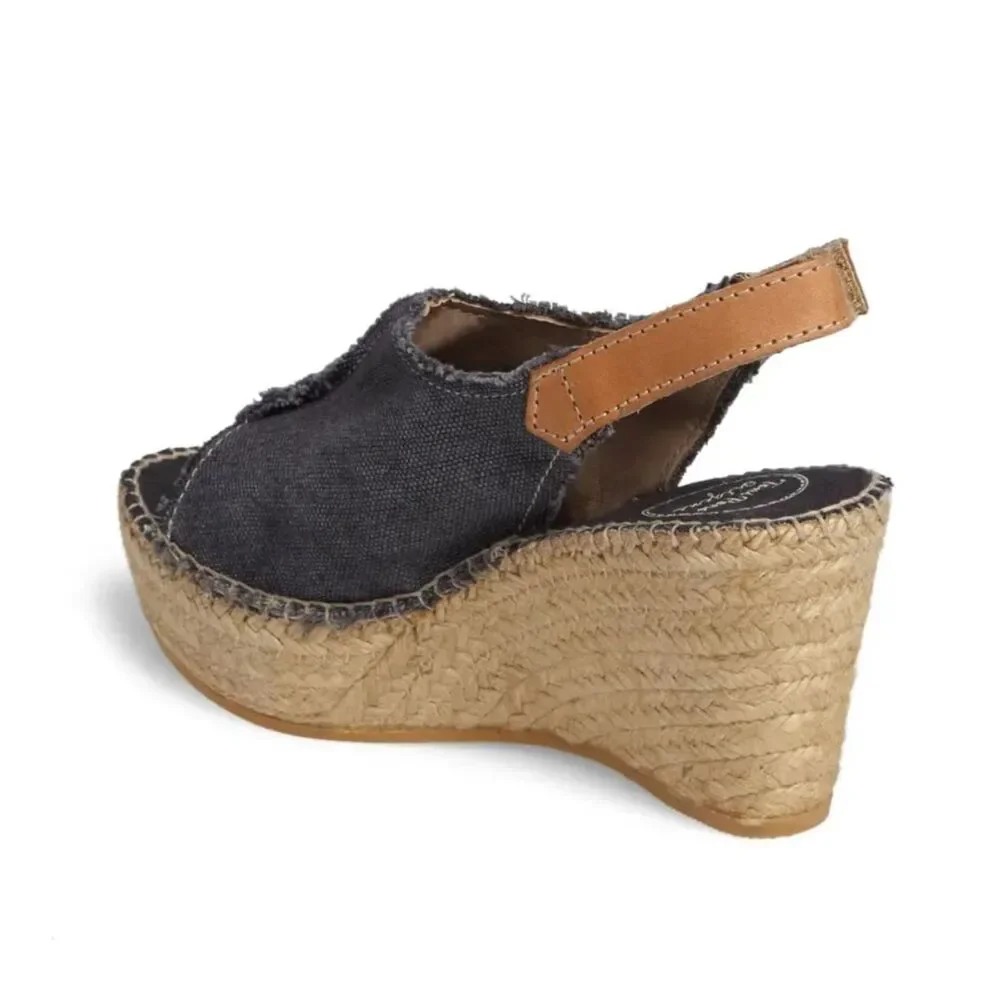 Toni Pons Lugano Espadrille Wedge Slingback Sandal - Black Fabric 39/8-8.5